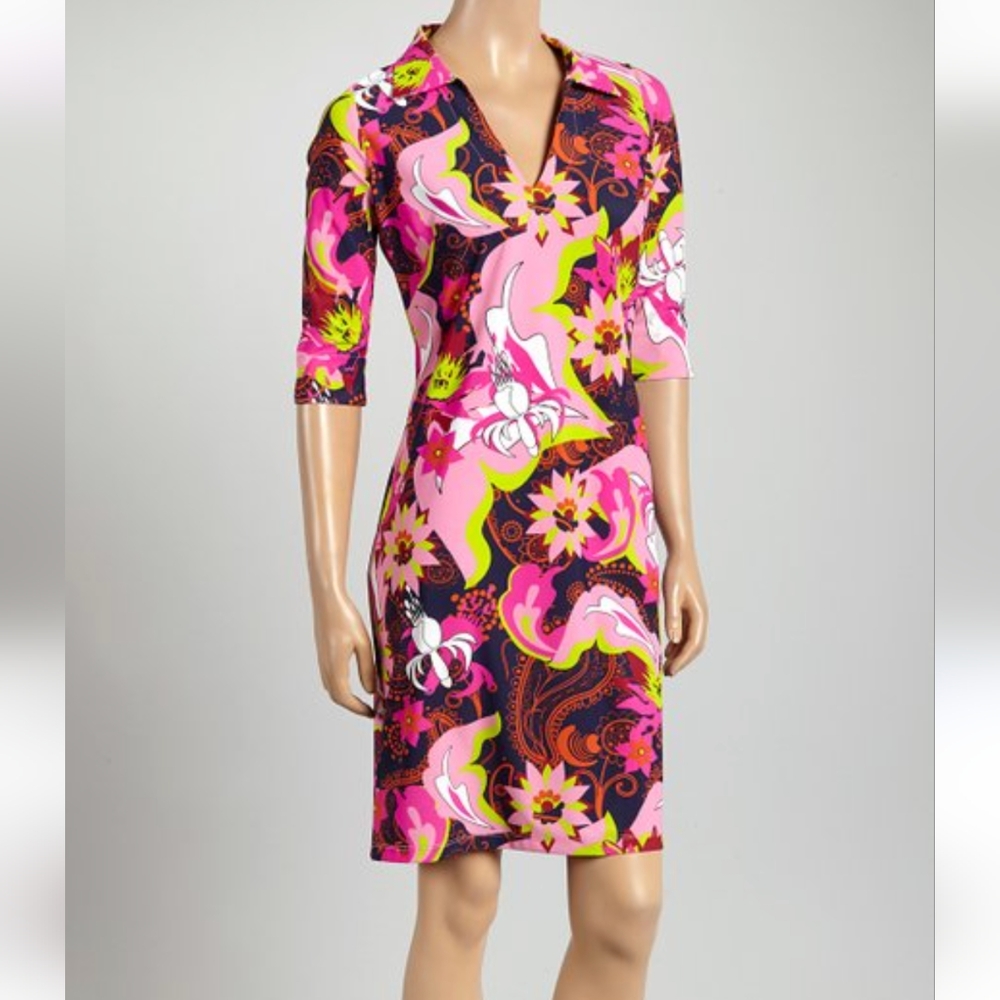Katherine Way Pink & Green Flower Power Nola V-Neck Dress